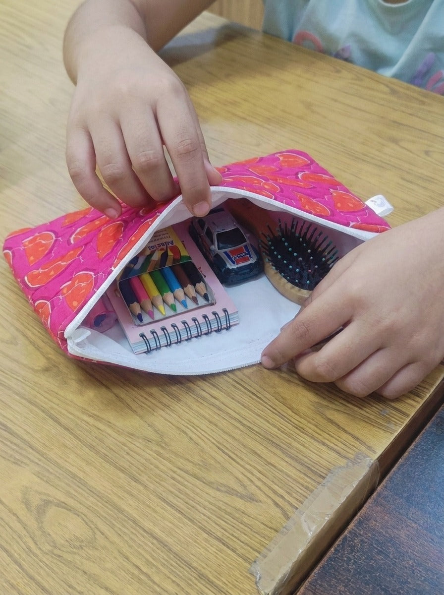 Handblock Printed Cotton Kids’ Flat Pouch with Zip Closure