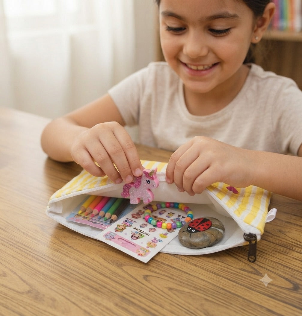 Handblock Printed Cotton Kids’ Flat Pouch with Zip Closure