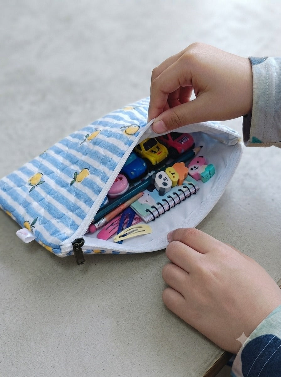 Handblock Printed Cotton Kids’ Flat Pouch with Zip Closure