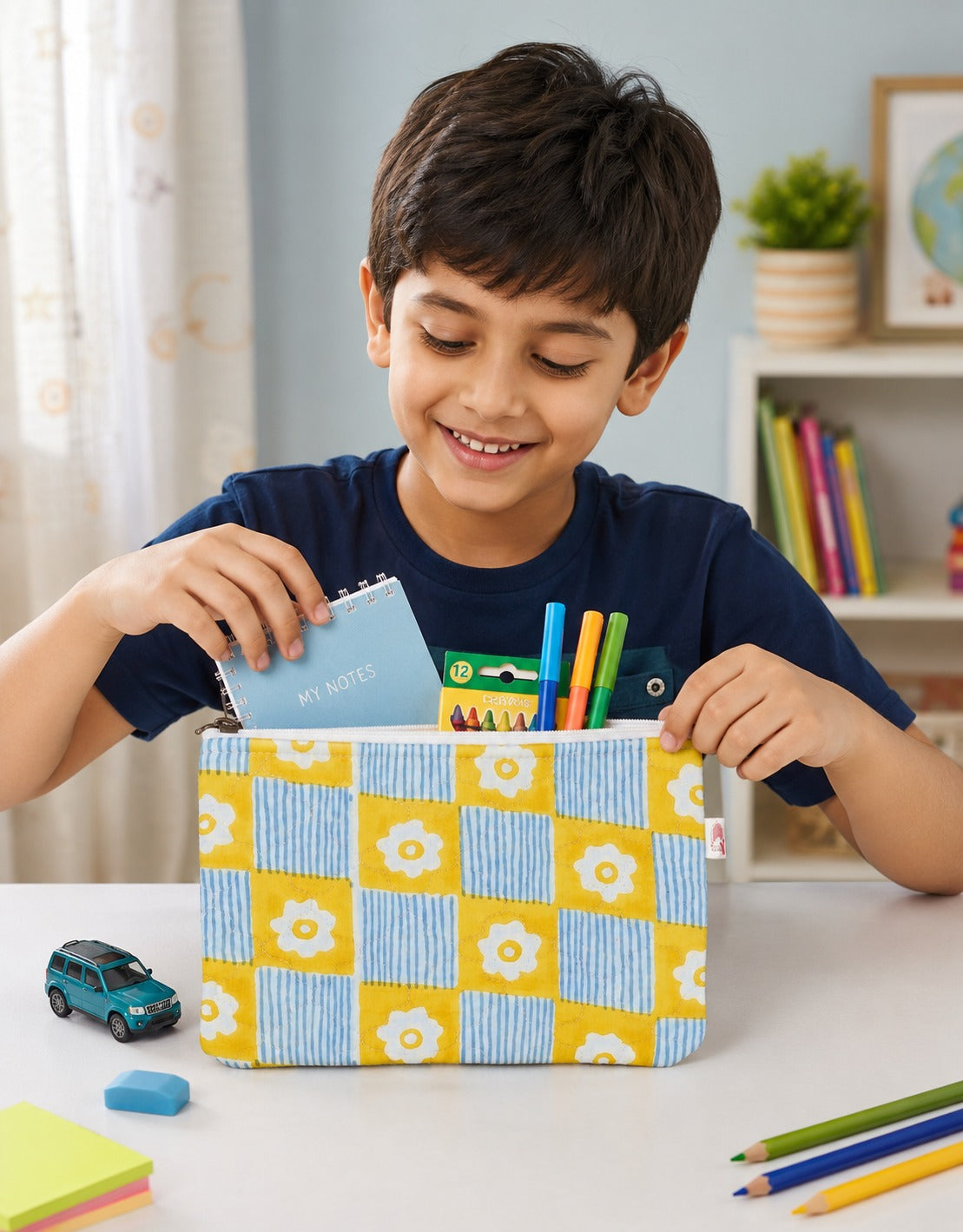 Handblock Printed Cotton Kids’ Flat Pouch with Zip Closure
