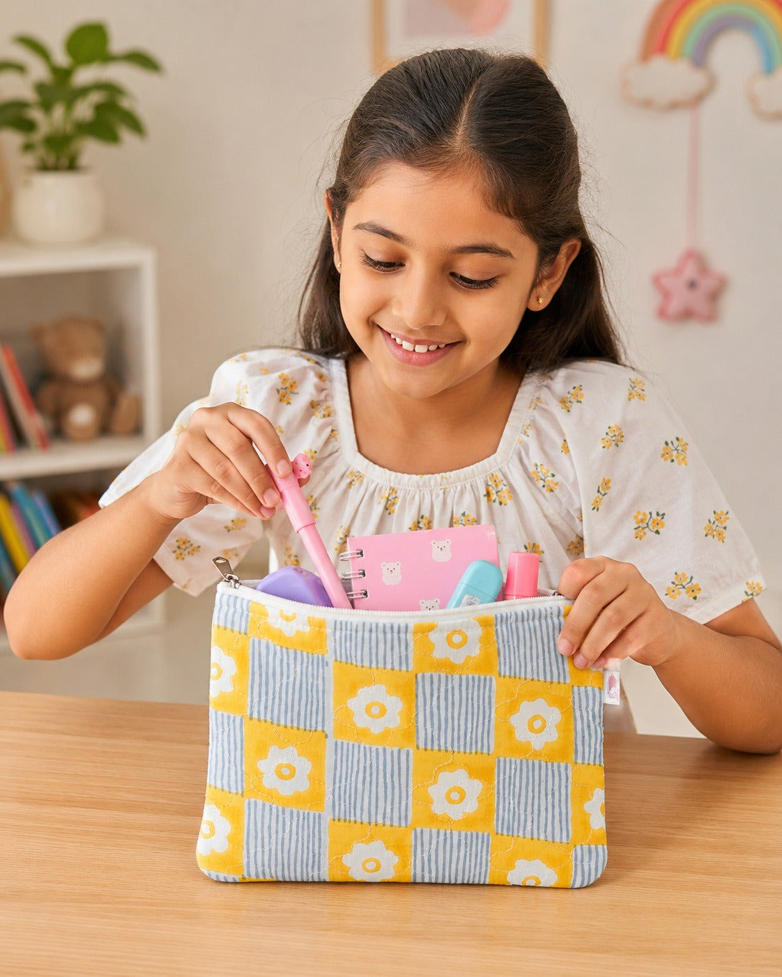 Handblock Printed Cotton Kids’ Flat Pouch with Zip Closure
