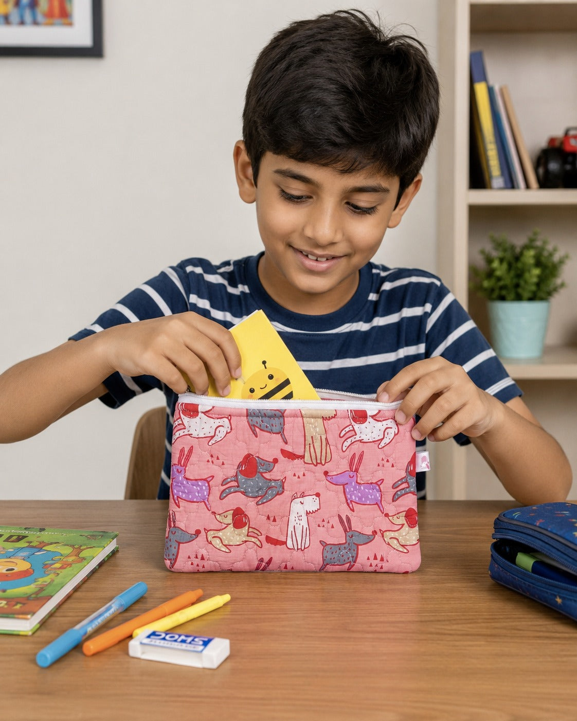 Handblock Printed Cotton Kids’ Flat Pouch with Zip Closure