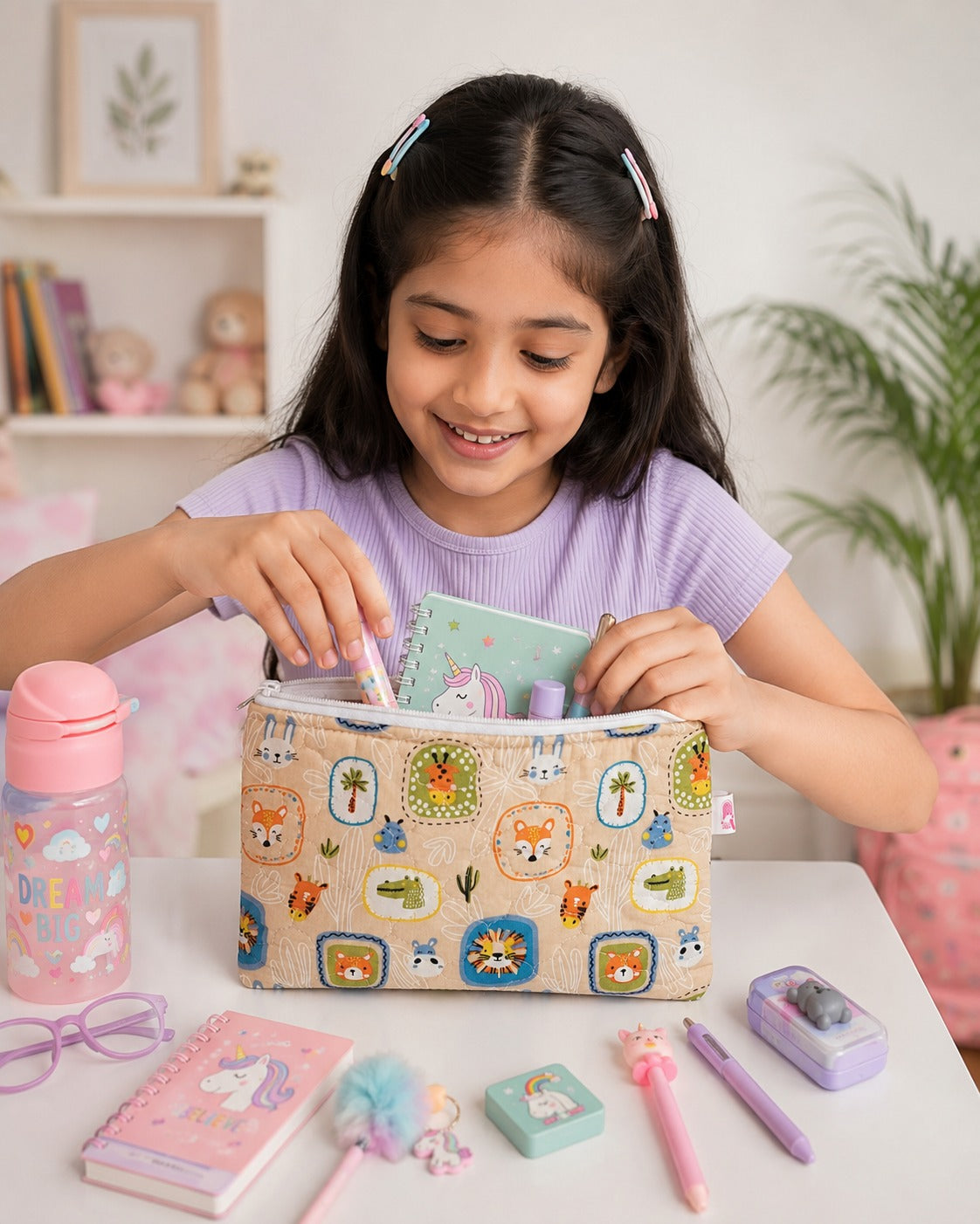 Handblock Printed Cotton Kids’ Flat Pouch with Zip Closure
