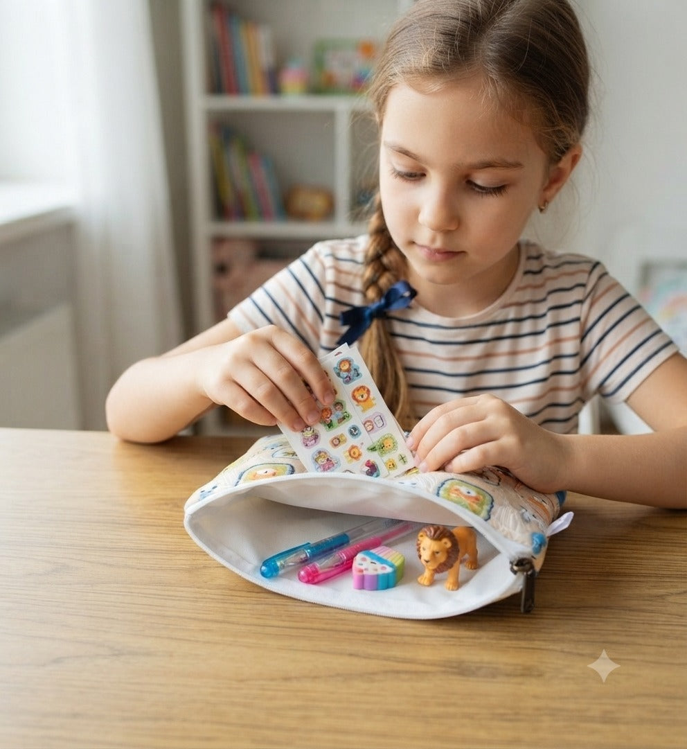Handblock Printed Cotton Kids’ Flat Pouch with Zip Closure