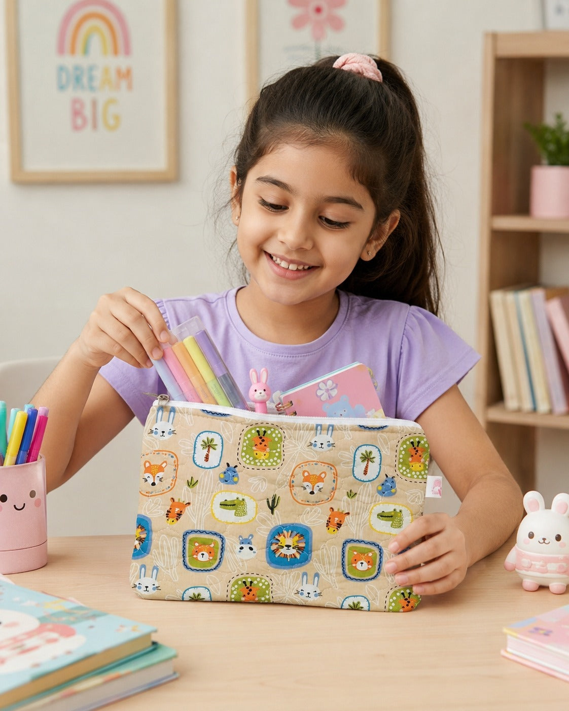 Handblock Printed Cotton Kids’ Flat Pouch with Zip Closure