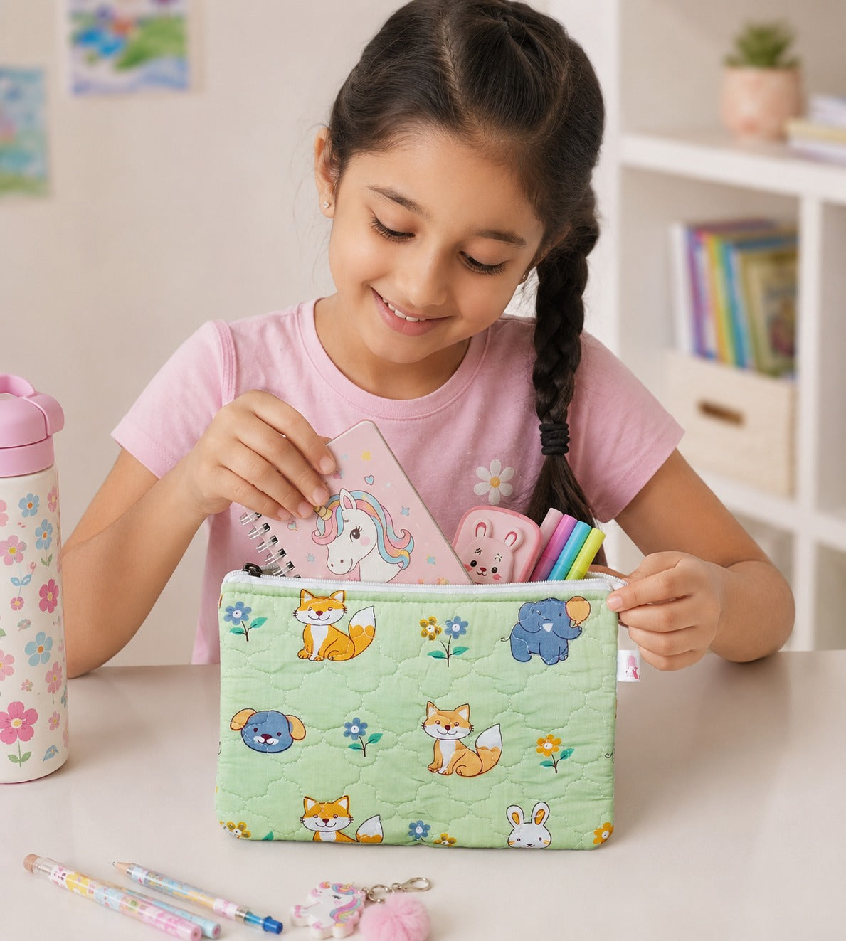 Handblock Printed Cotton Kids’ Flat Pouch with Zip Closure