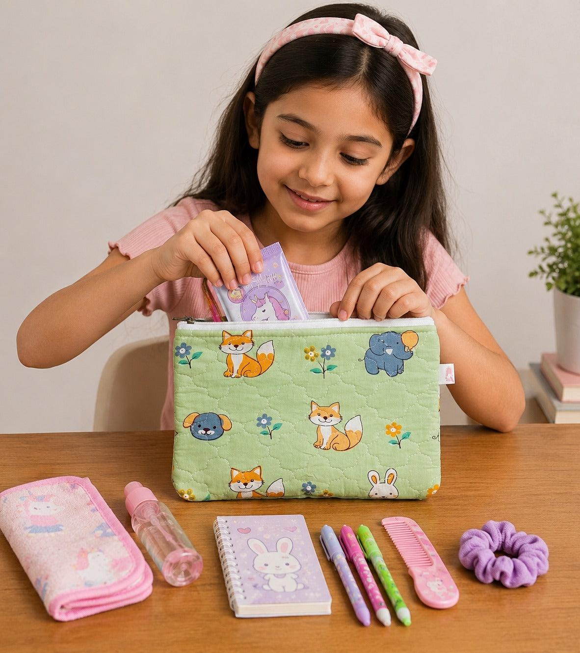 Handblock Printed Cotton Kids’ Flat Pouch with Zip Closure