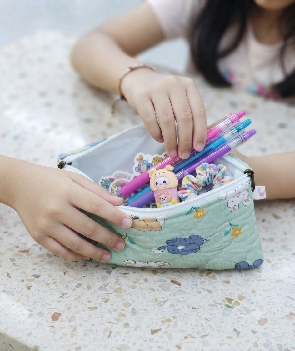 Handblock Printed Cotton Kids’ Flat Pouch with Zip Closure