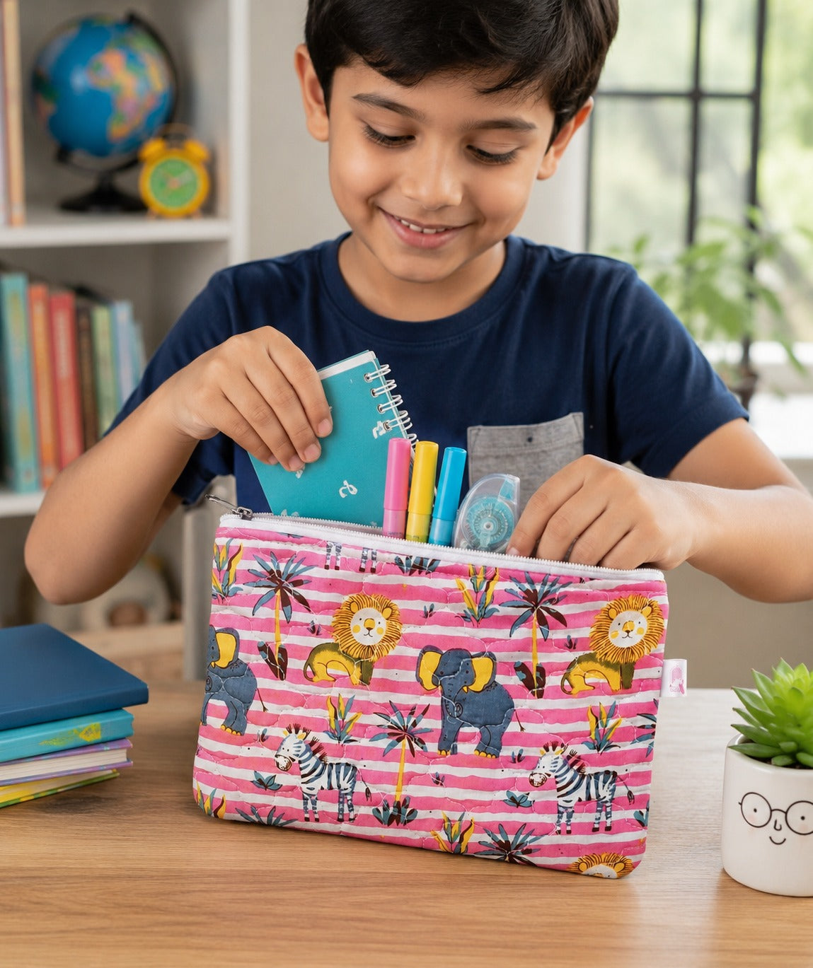 Handblock Printed Cotton Kids’ Flat Pouch with Zip Closure