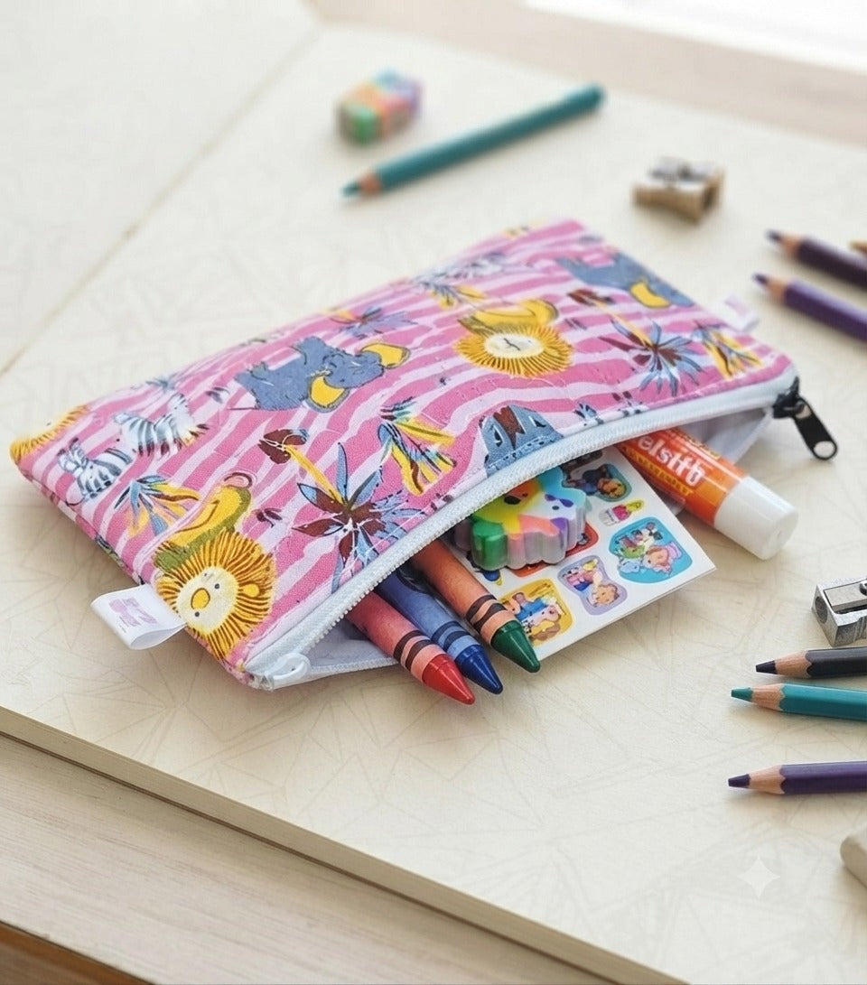 Handblock Printed Cotton Kids’ Flat Pouch with Zip Closure
