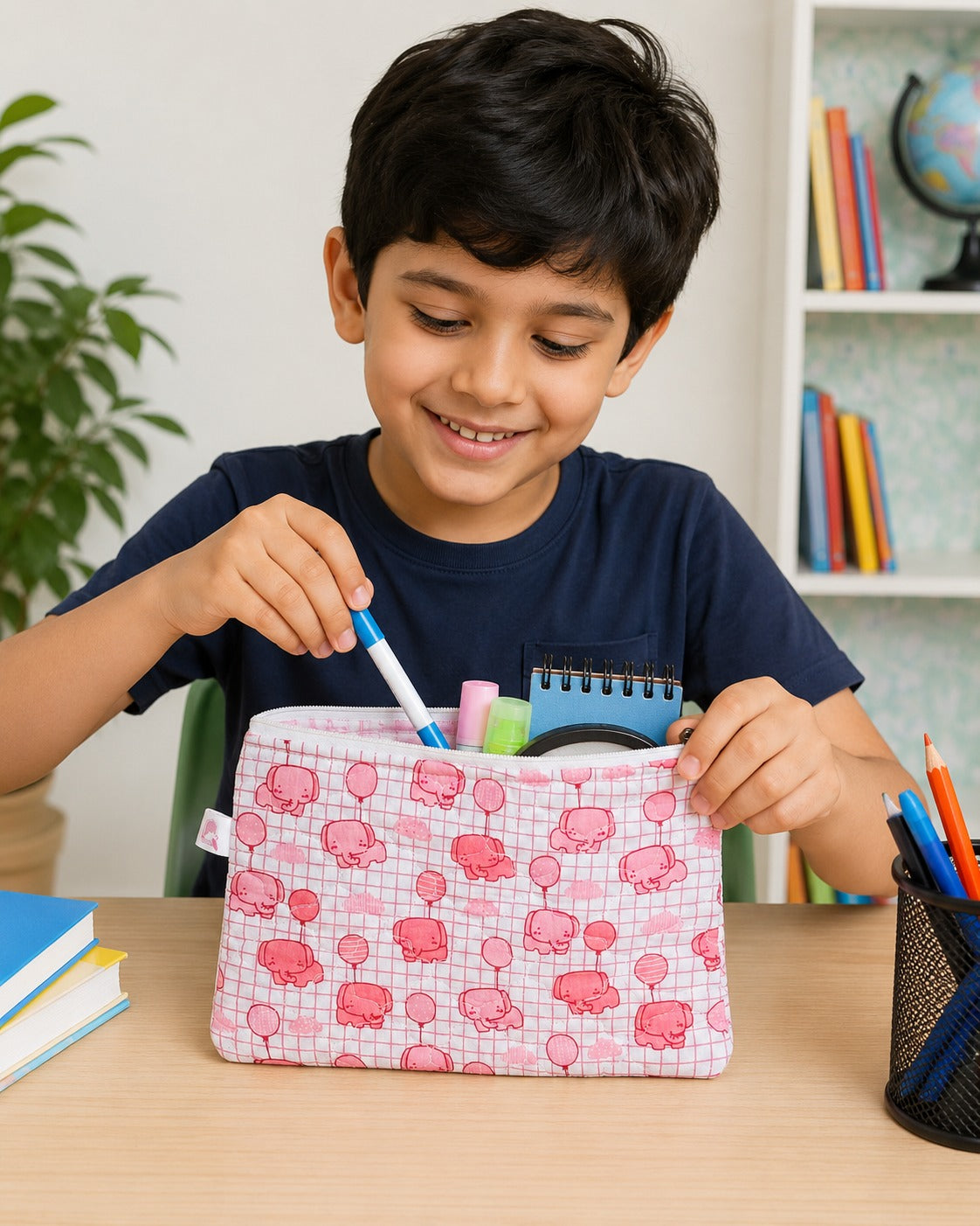 Handblock Printed Cotton Kids’ Flat Pouch with Zip Closure