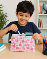 Handblock Printed Cotton Kids’ Flat Pouch with Zip Closure