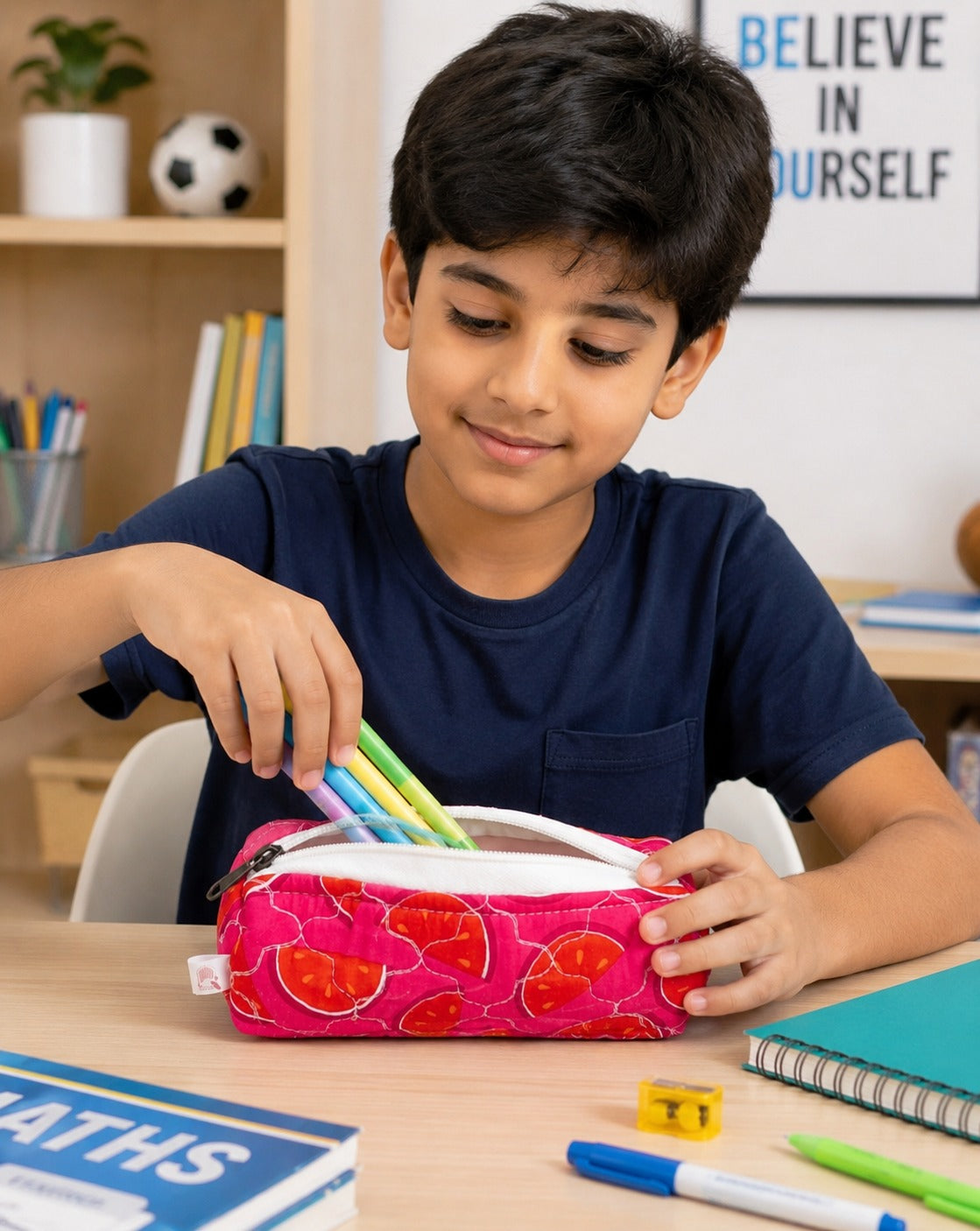 Handblock Printed Cotton Pencil Box Pouch with Zip Closure
