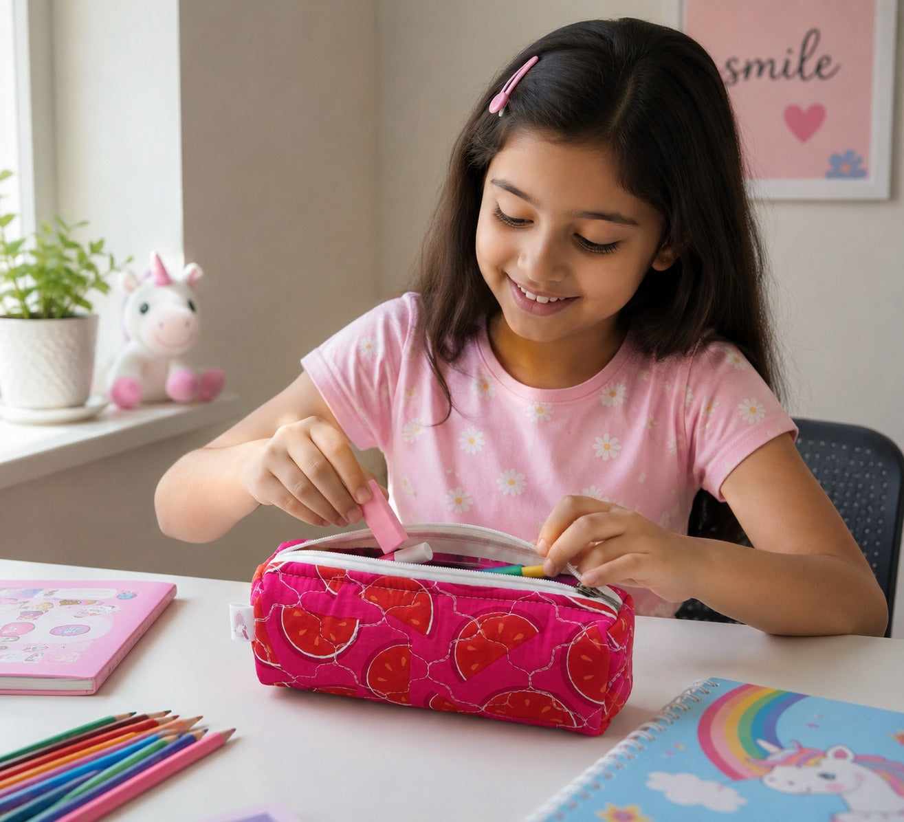 Handblock Printed Cotton Pencil Box Pouch with Zip Closure