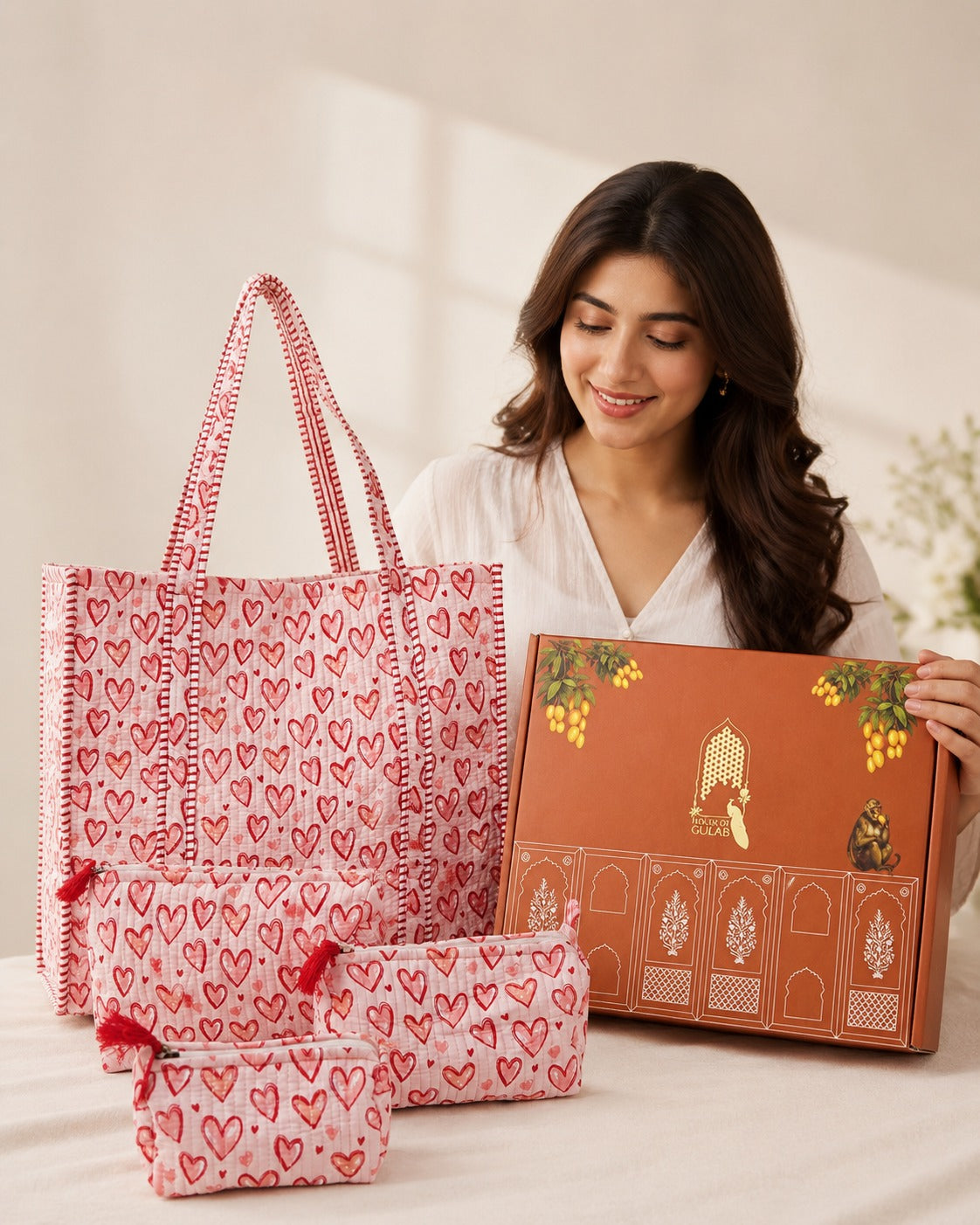 Stylish Tote Bag with 3 Coordinated Utility Pouches with Gift Box