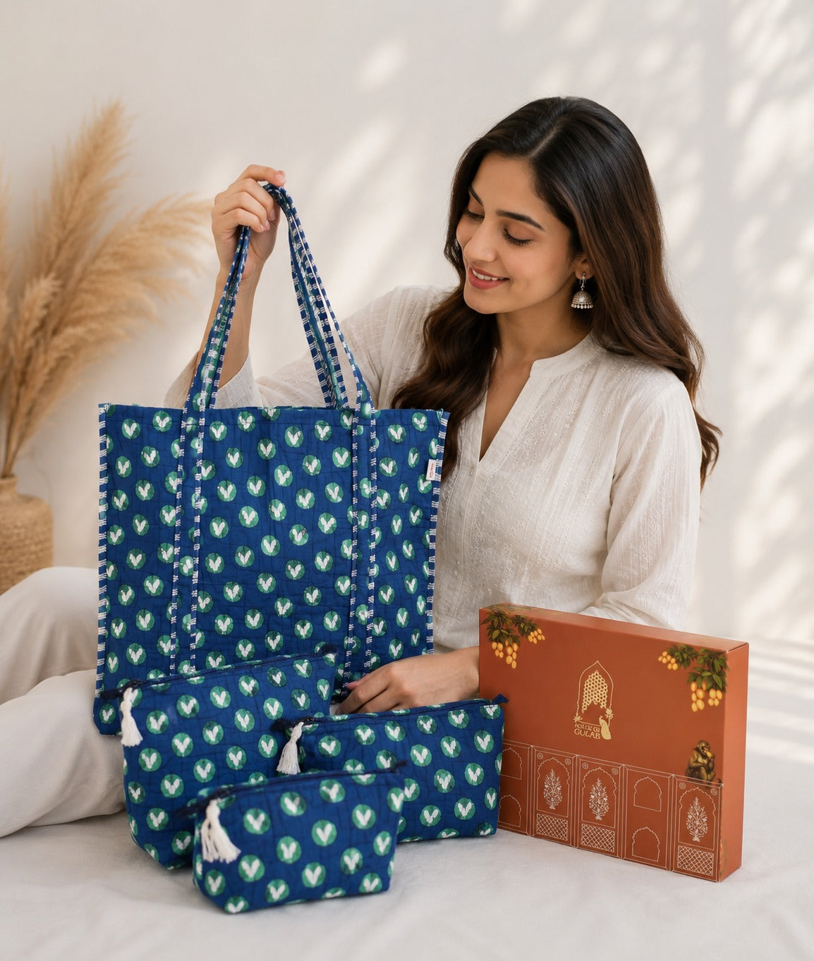Stylish Tote Bag with 3 Coordinated Utility Pouches with Gift Box