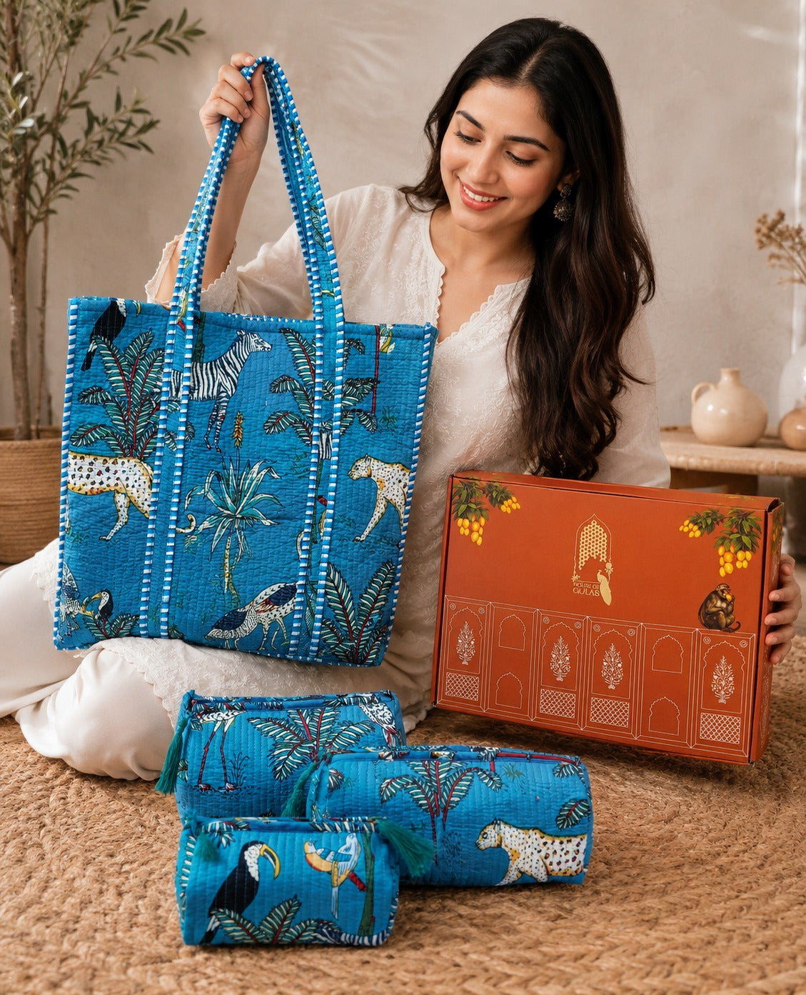 Stylish Tote Bag with 3 Coordinated Utility Pouches with Gift Box