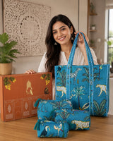 Stylish Tote Bag with 3 Coordinated Utility Pouches with Gift Box