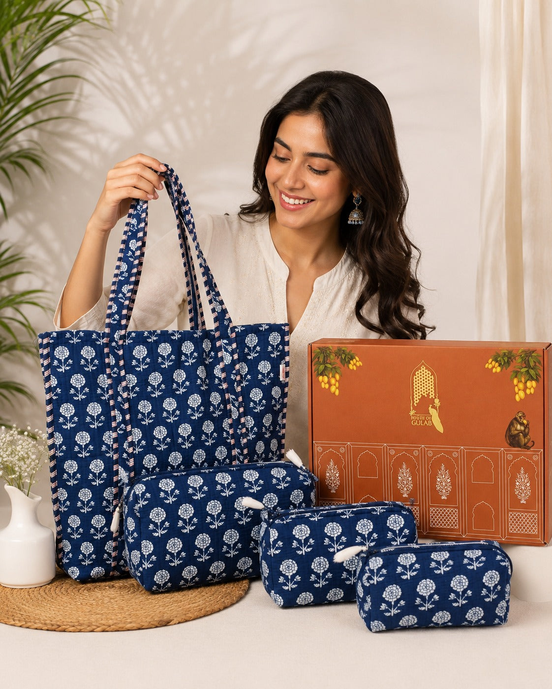 Stylish Tote Bag with 3 Coordinated Utility Pouches with Gift Box