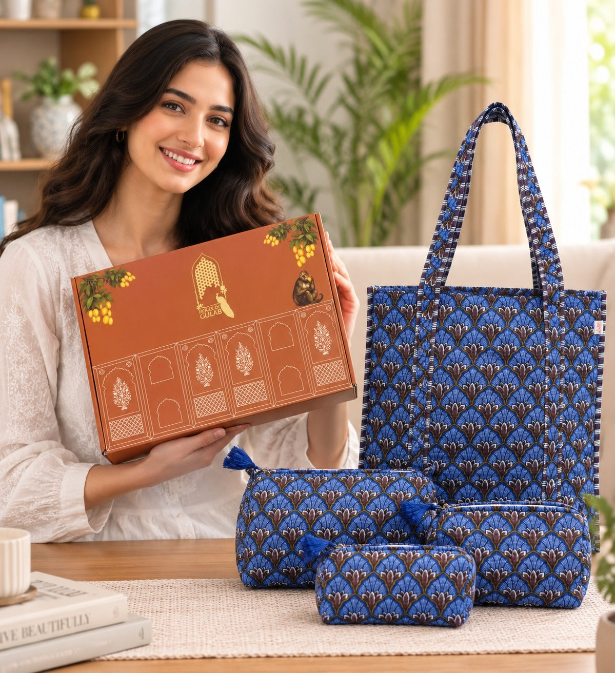 Stylish Tote Bag with 3 Coordinated Utility Pouches with Gift Box