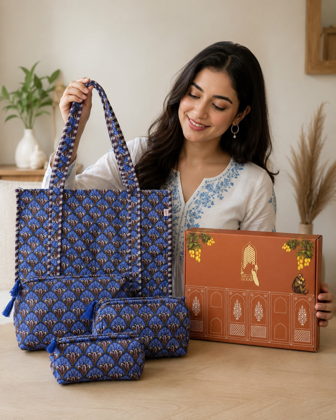 Stylish Tote Bag with 3 Coordinated Utility Pouches with Gift Box