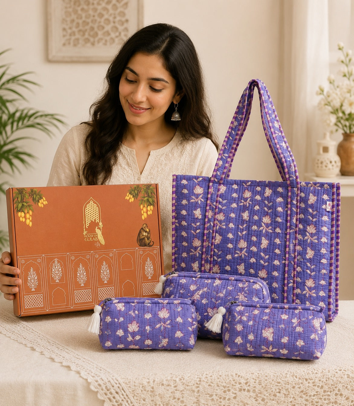 Stylish Tote Bag with 3 Coordinated Utility Pouches with Gift Box