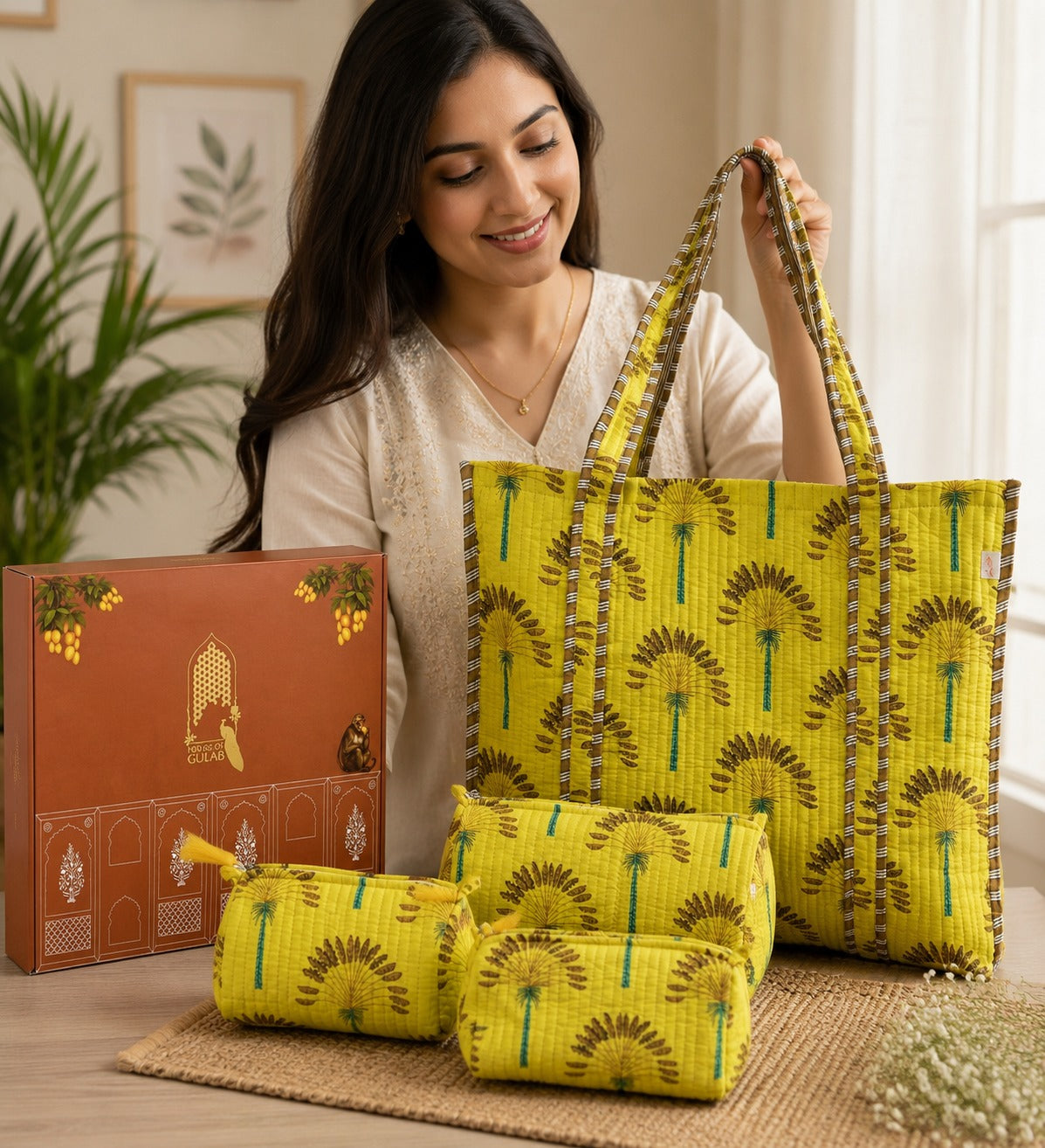 Stylish Tote Bag with 3 Coordinated Utility Pouches with Gift Box