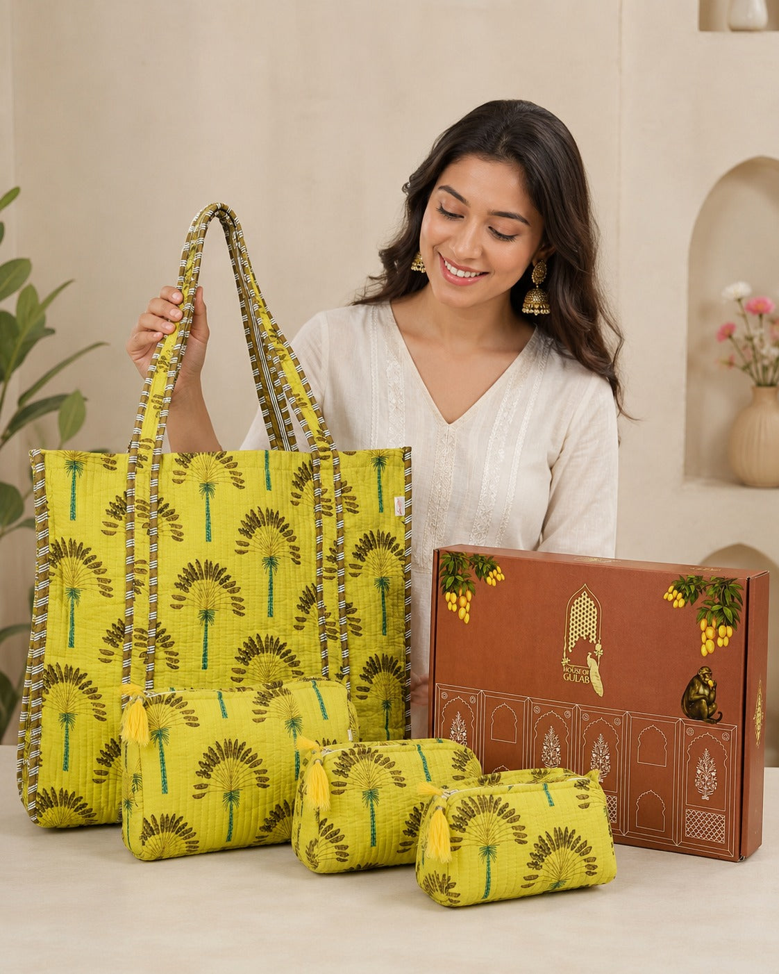 Stylish Tote Bag with 3 Coordinated Utility Pouches with Gift Box