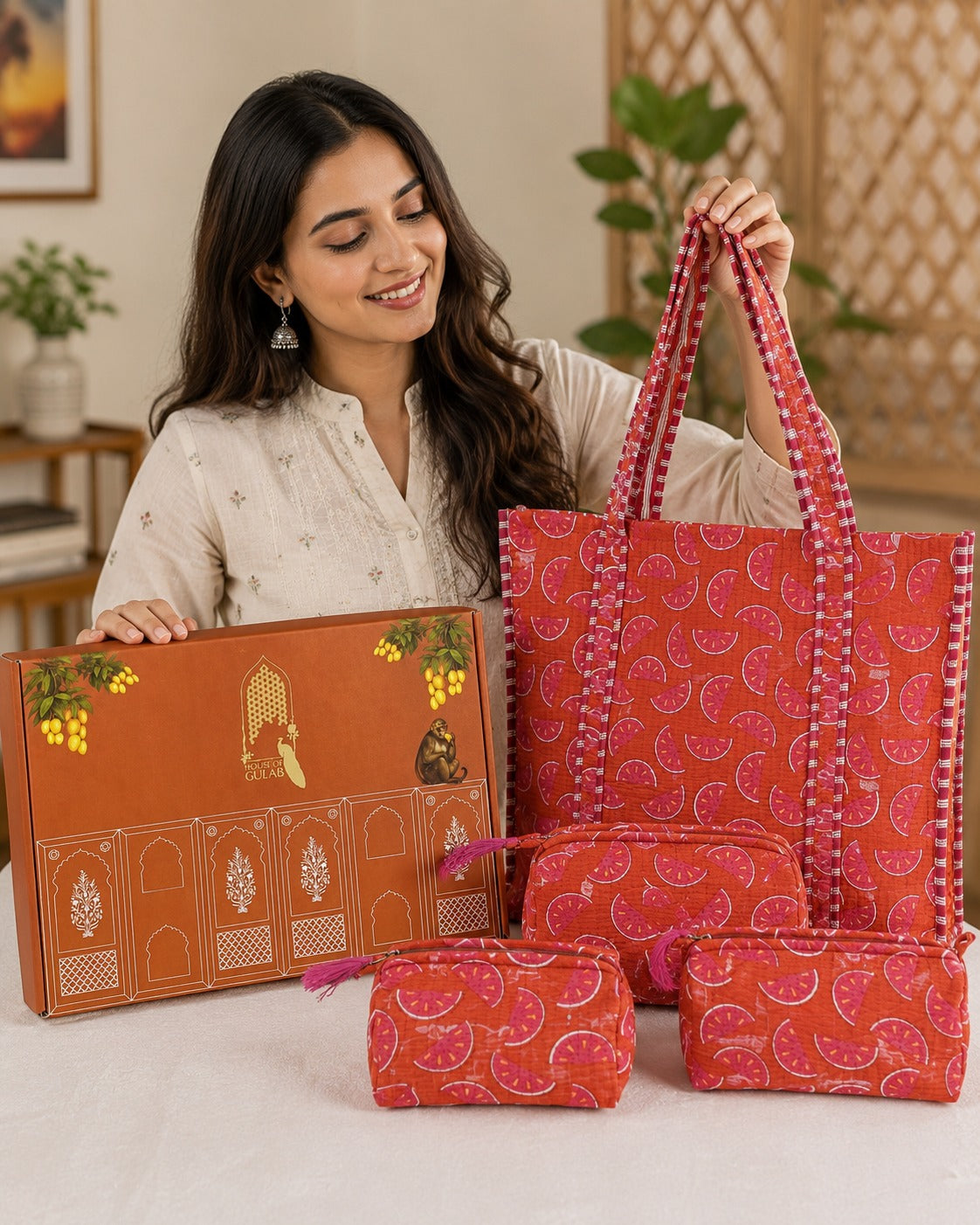 Stylish Tote Bag with 3 Coordinated Utility Pouches with Gift Box