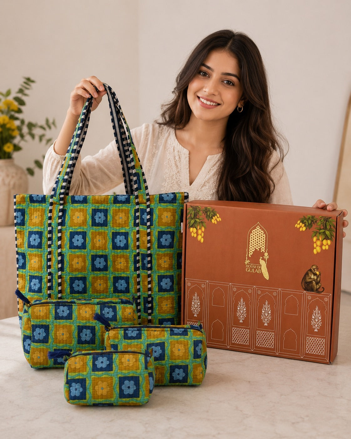 Stylish Tote Bag with 3 Coordinated Utility Pouches with Gift Box