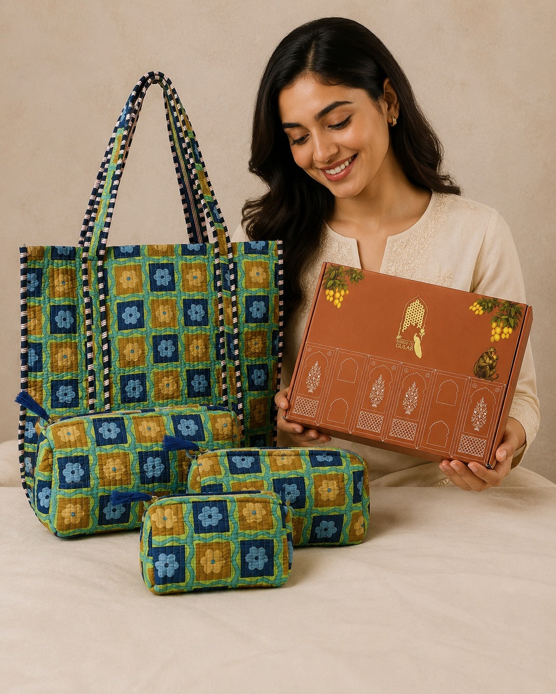 Stylish Tote Bag with 3 Coordinated Utility Pouches with Gift Box