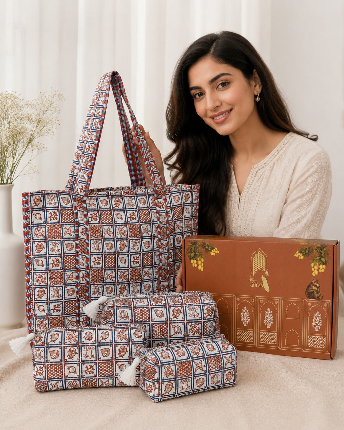 Stylish Tote Bag with 3 Coordinated Utility Pouches with Gift Box
