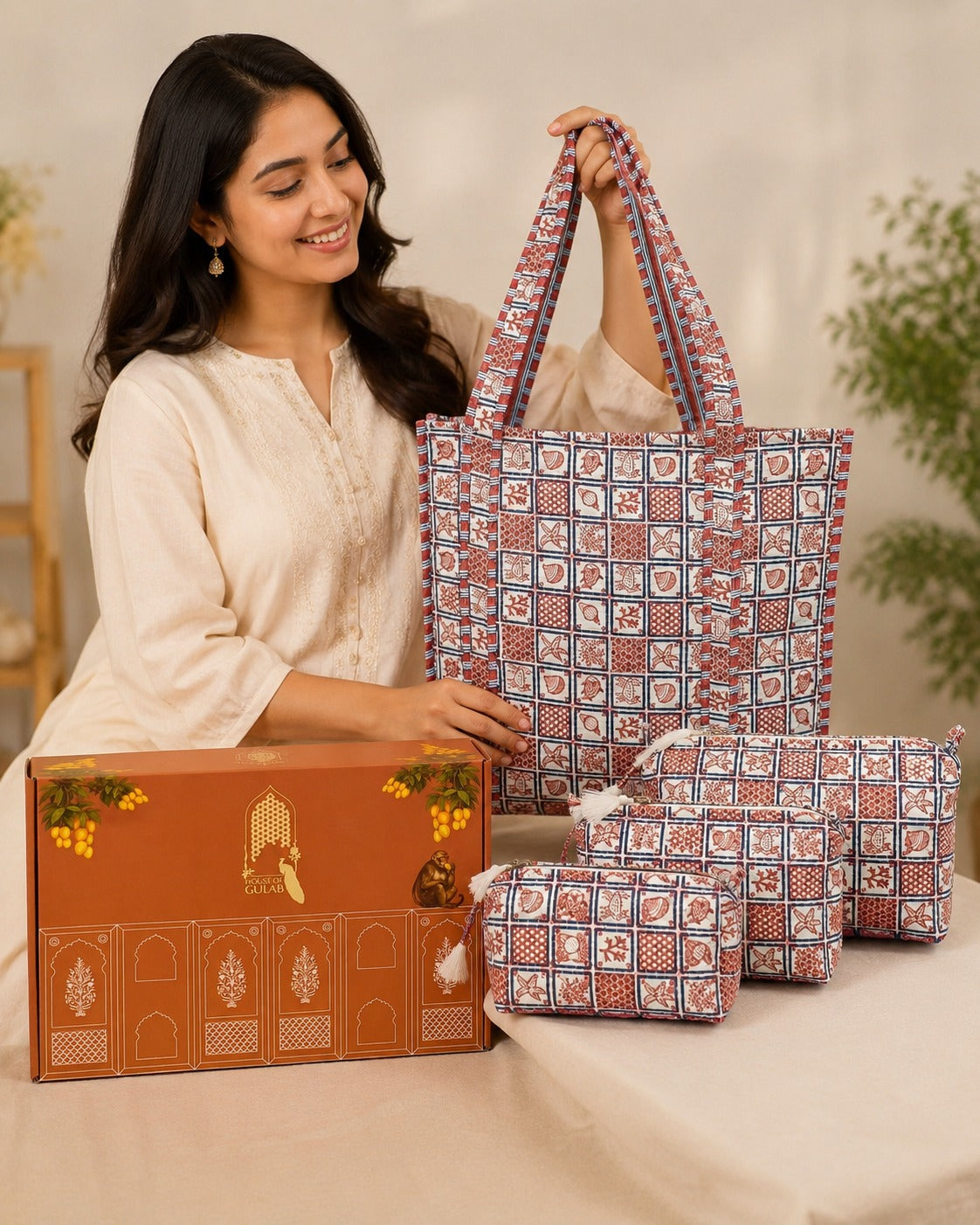 Stylish Tote Bag with 3 Coordinated Utility Pouches with Gift Box