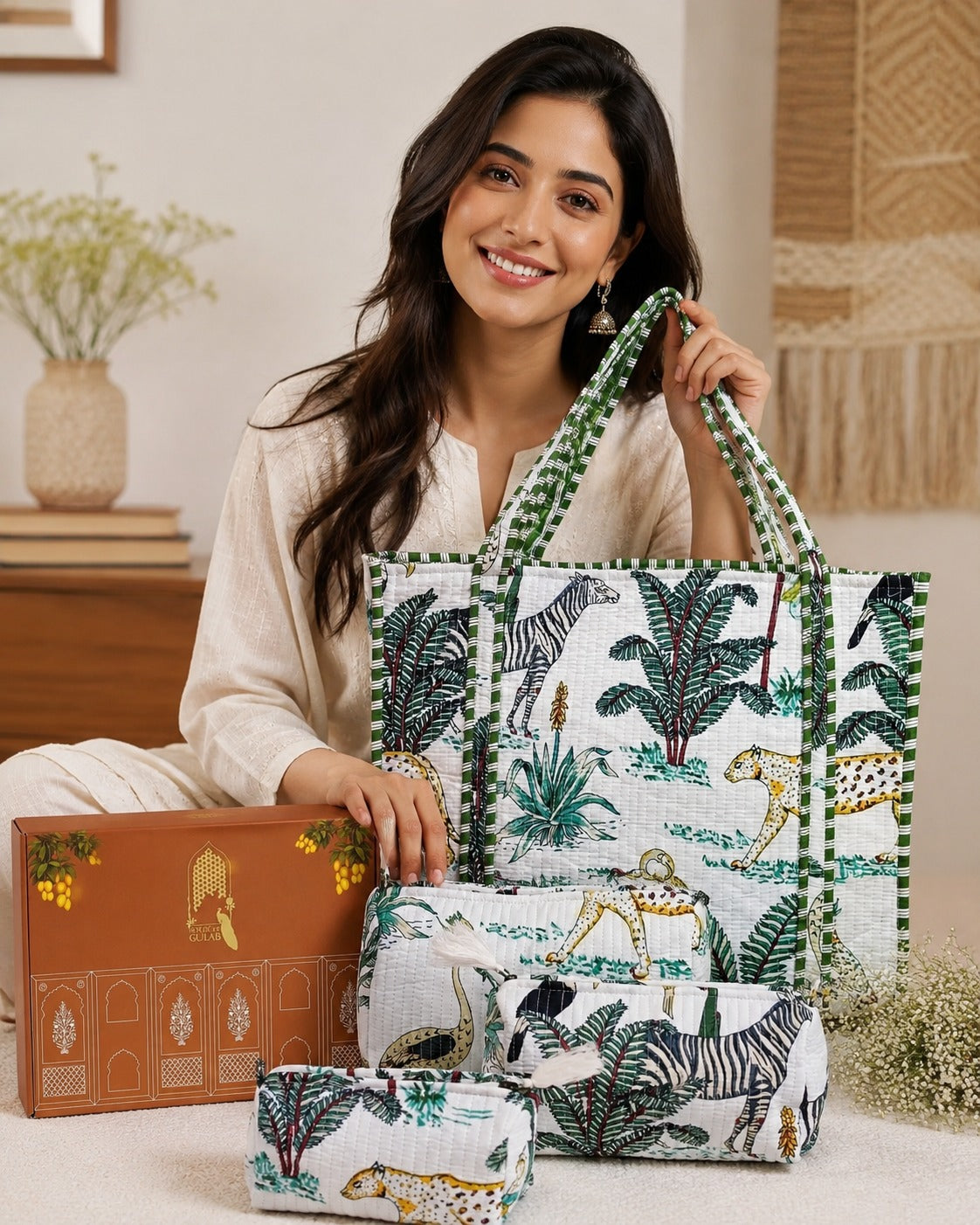 Stylish Tote Bag with 3 Coordinated Utility Pouches with Gift Box