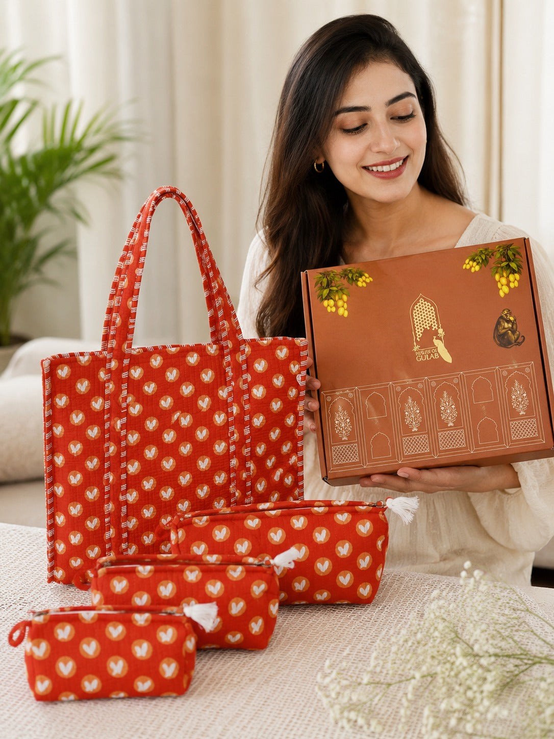 Stylish Tote Bag with 3 Coordinated Utility Pouches with Gift Box