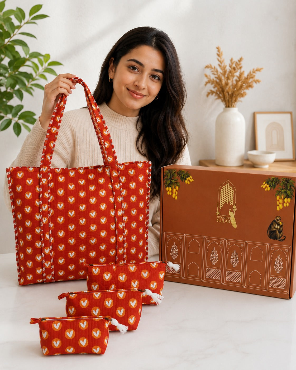 Stylish Tote Bag with 3 Coordinated Utility Pouches with Gift Box