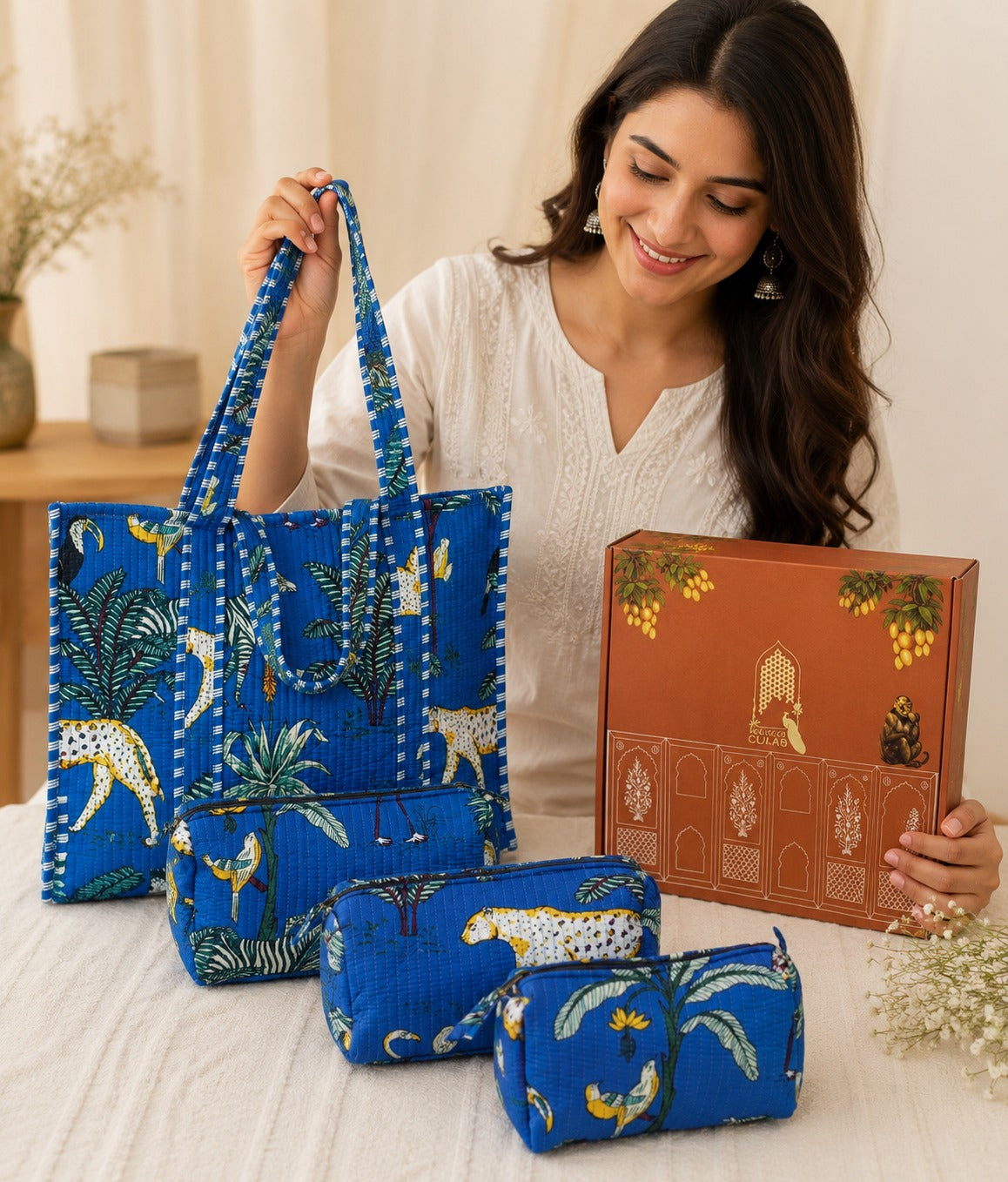 Stylish Tote Bag with 3 Coordinated Utility Pouches with Gift Box