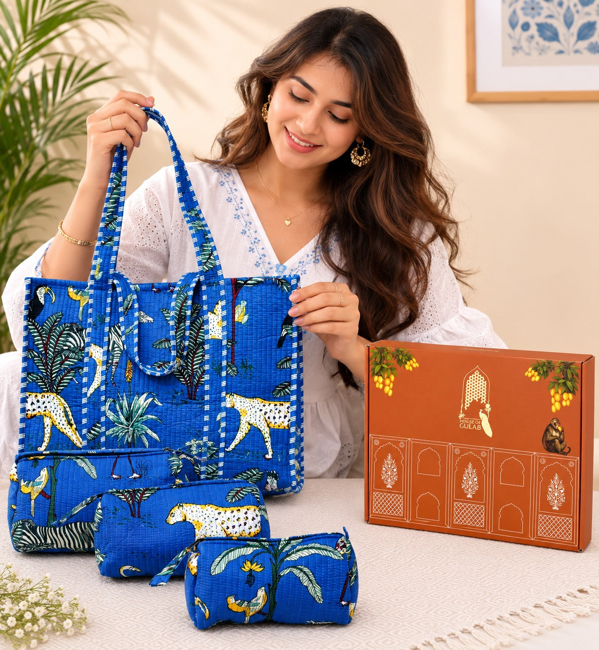 Stylish Tote Bag with 3 Coordinated Utility Pouches with Gift Box