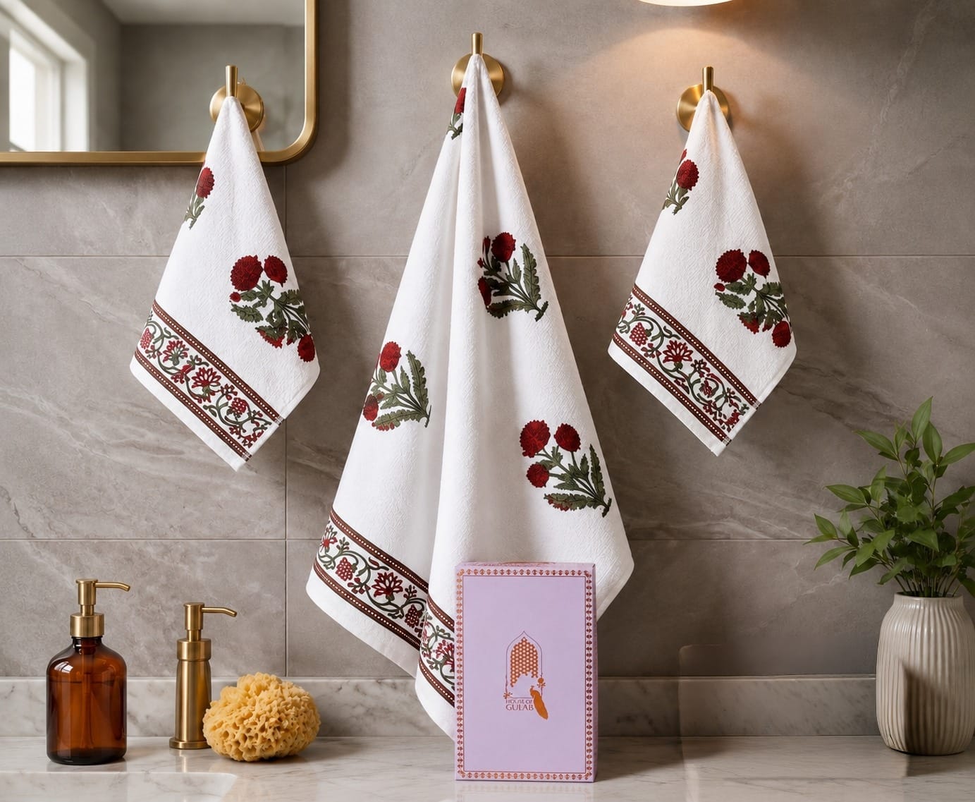 Gift Set - Handblock Printed Towels - 1 Bath + 2 Hand Towels