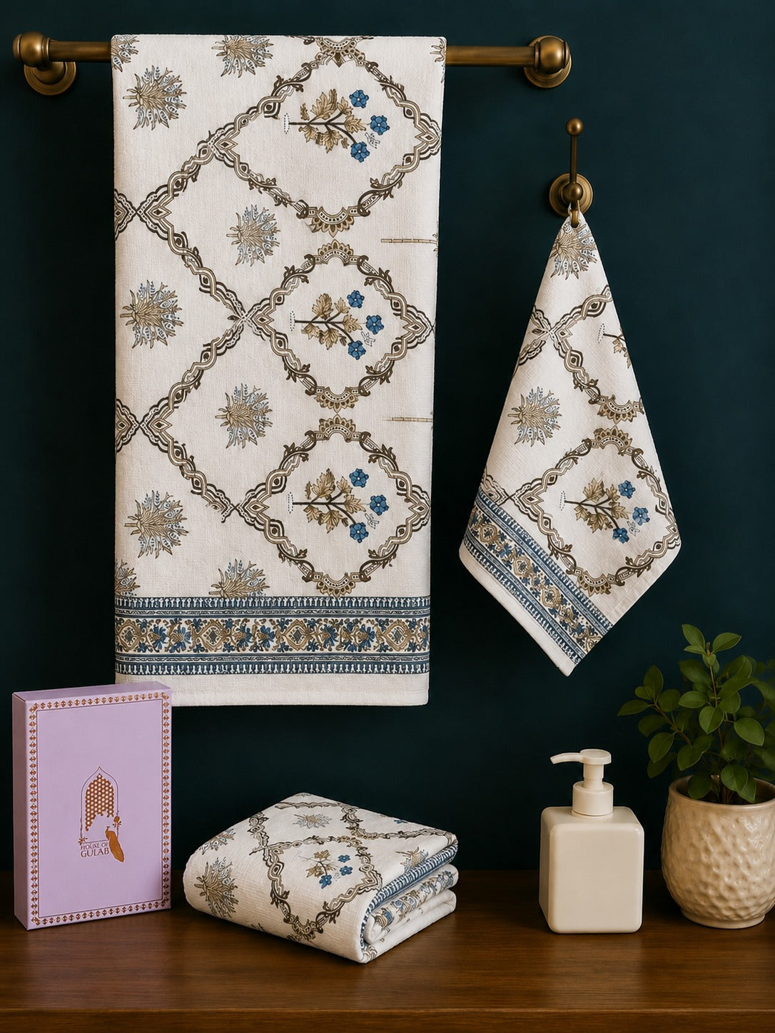 Gift Set - Handblock Printed Towels - 1 Bath + 2 Hand Towels