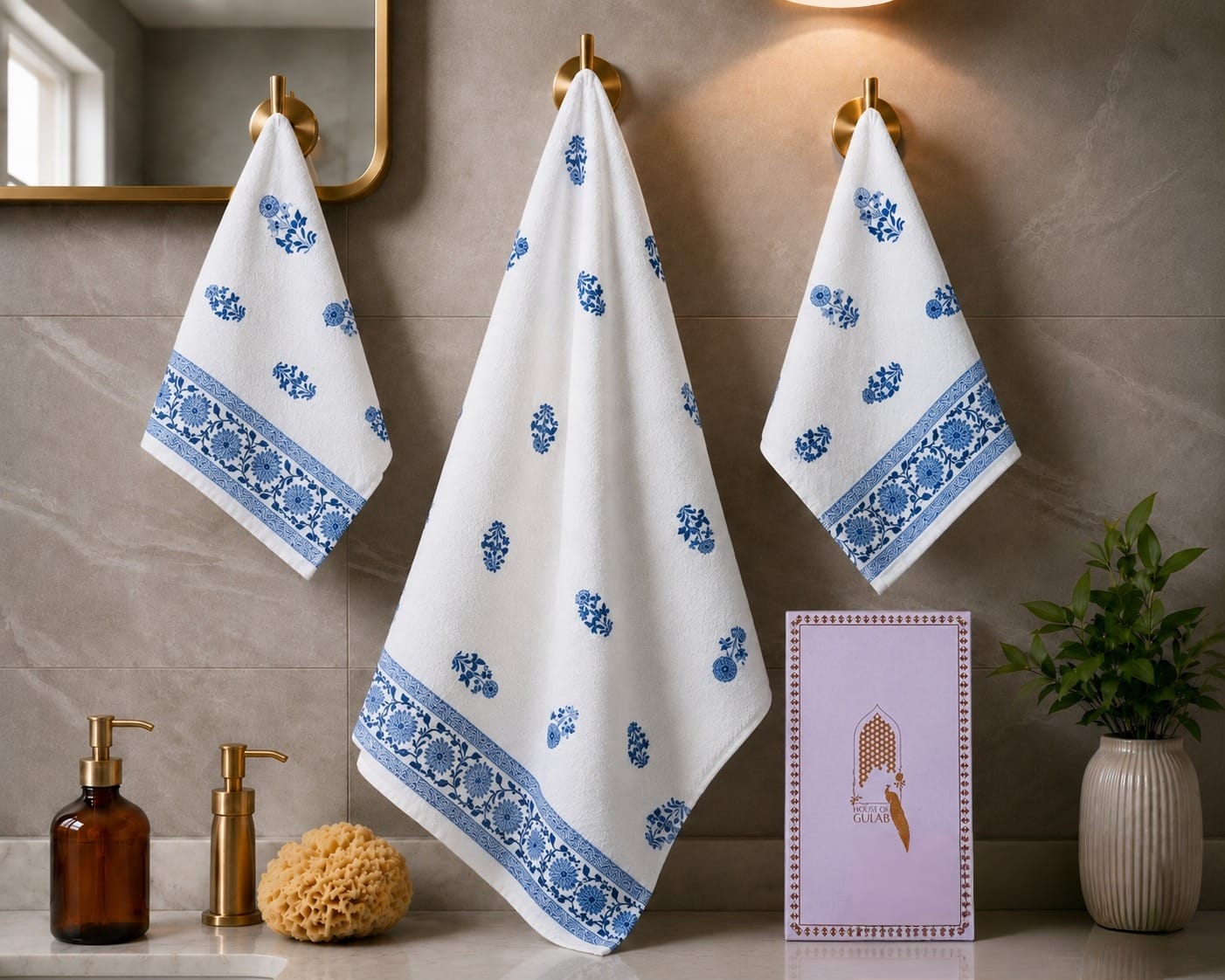 Gift Set - Handblock Printed Towels - 1 Bath + 2 Hand Towels