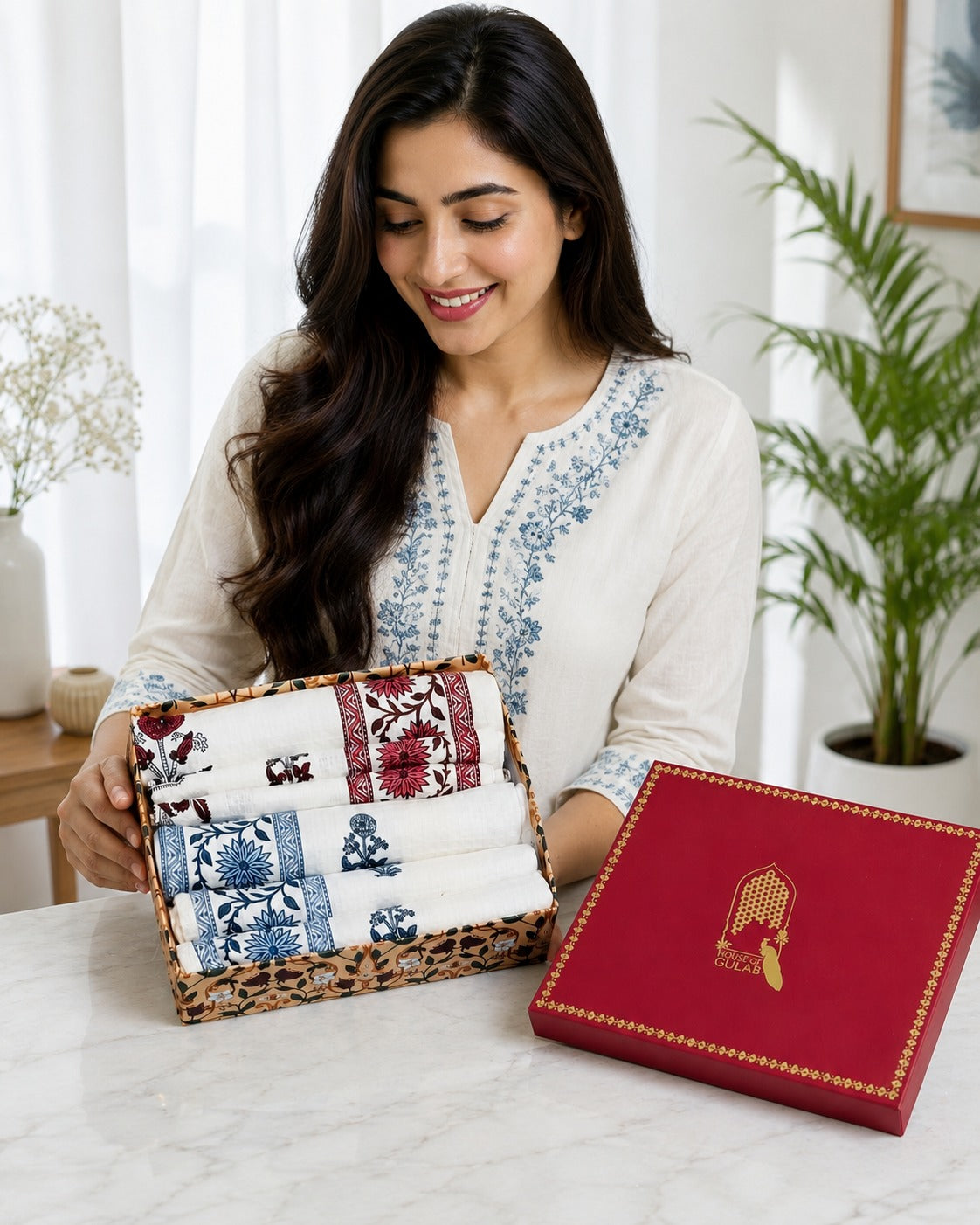 His & Her Towel Gift Set - Handblock Printed Towels - 2 Bath + 4 Hand Towels in 2 designs
