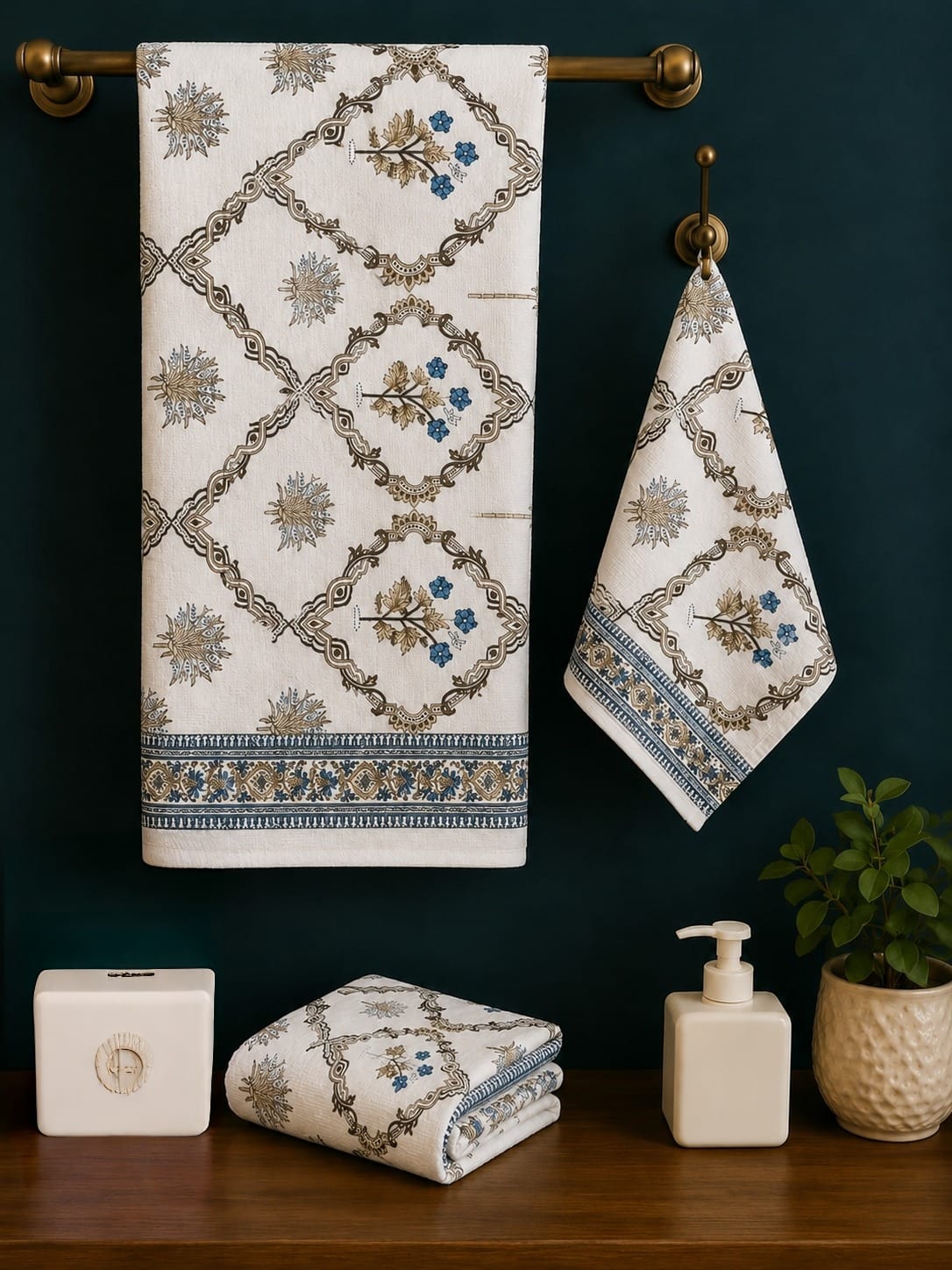 His & Her Towel Gift Set - Handblock Printed Towels - 2 Bath + 4 Hand Towels in 2 designs