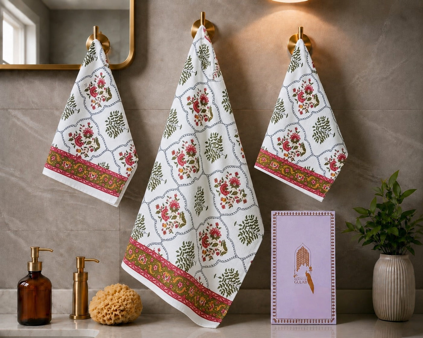 Gift Set - Handblock Printed Towels - 1 Bath + 2 Hand Towels