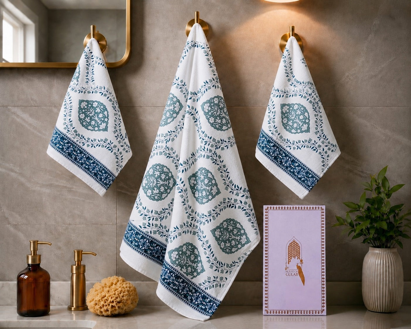 Gift Set - Handblock Printed Towels - 1 Bath + 2 Hand Towels