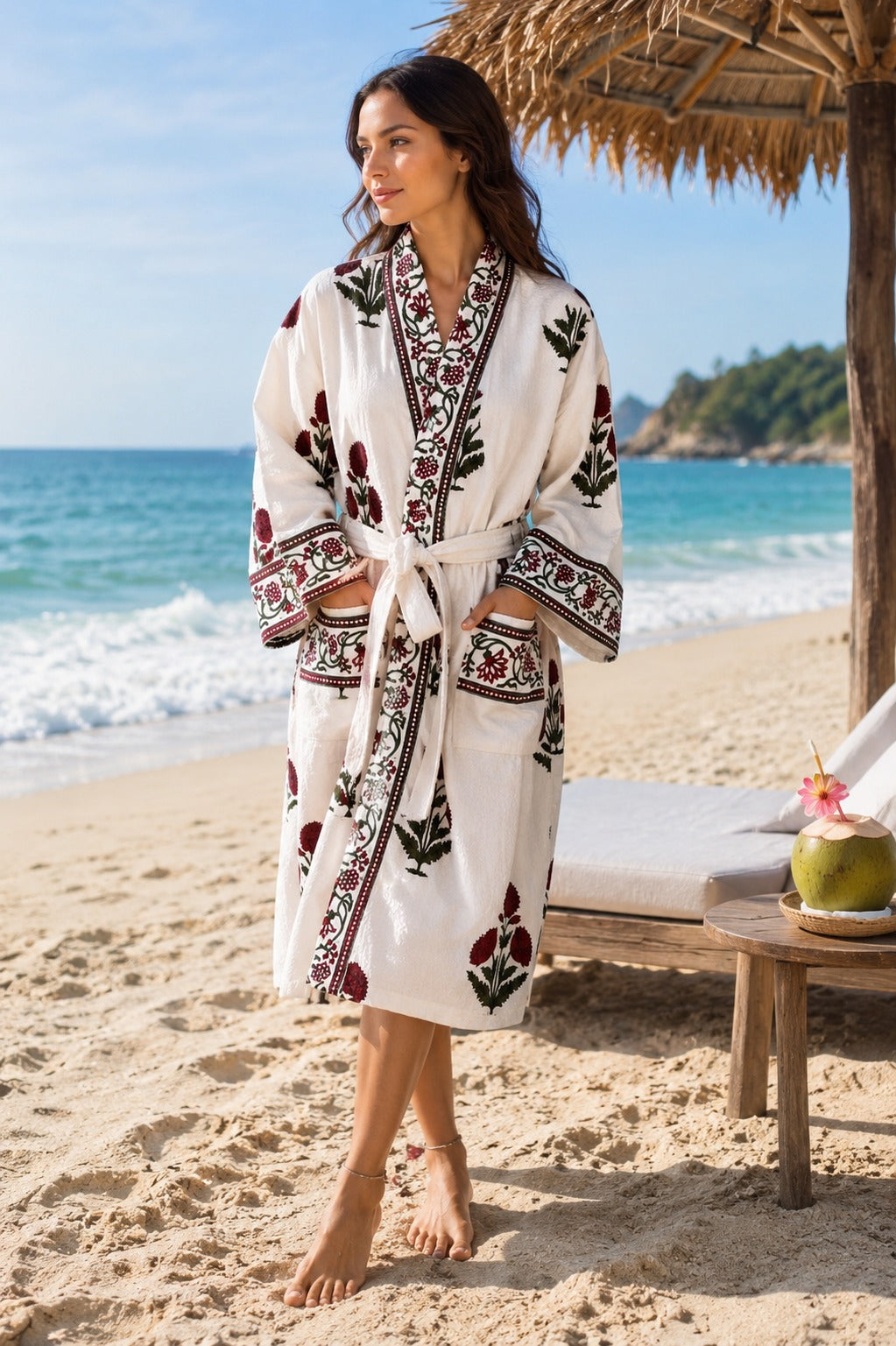 Waffle Cotton Handblock Printed Unisex Bathrobe - Free Size