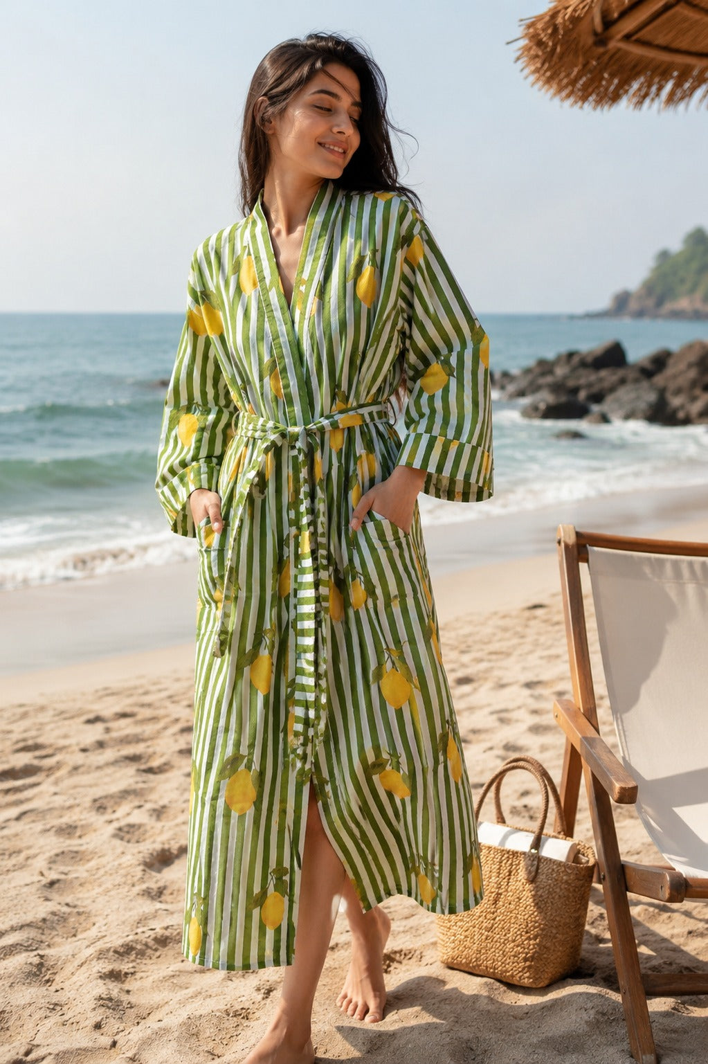 Cotton Kimono Handblock Printed Unisex Bathrobe - Free Size