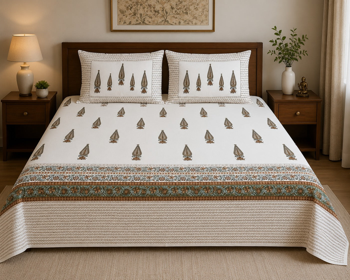 Hand Printed Bedsheet Super King Size Gift Box | 1 Super King Double Bedsheet with 2 Pillow Covers