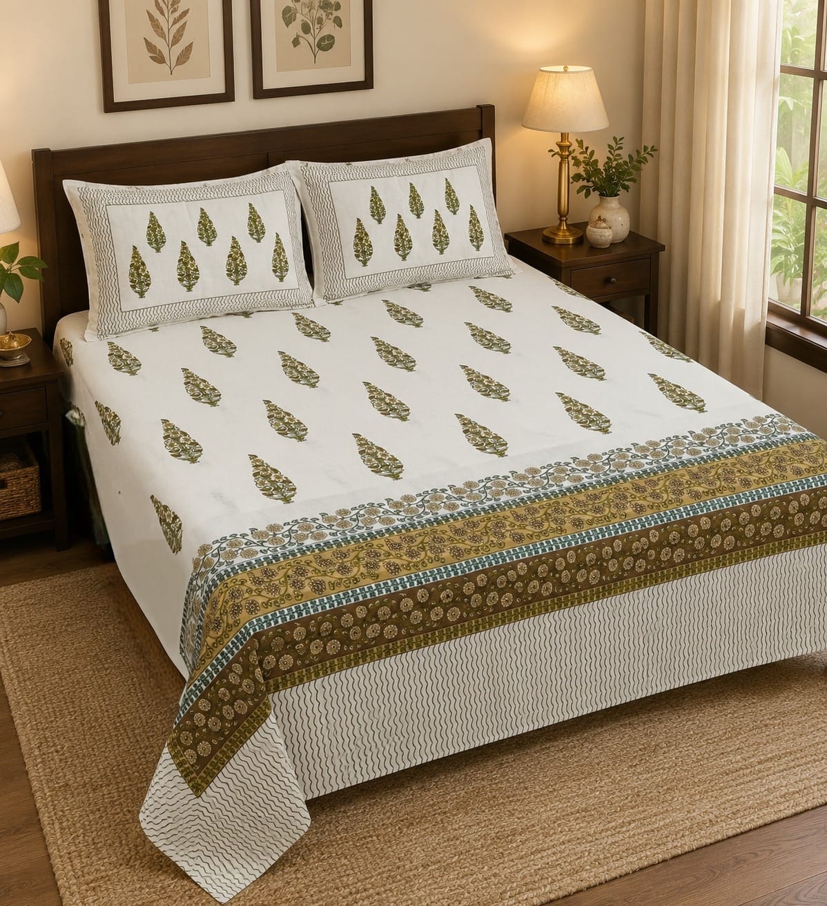 Hand Printed Bedsheet Super King Size Gift Box | 1 Super King Double Bedsheet with 2 Pillow Covers