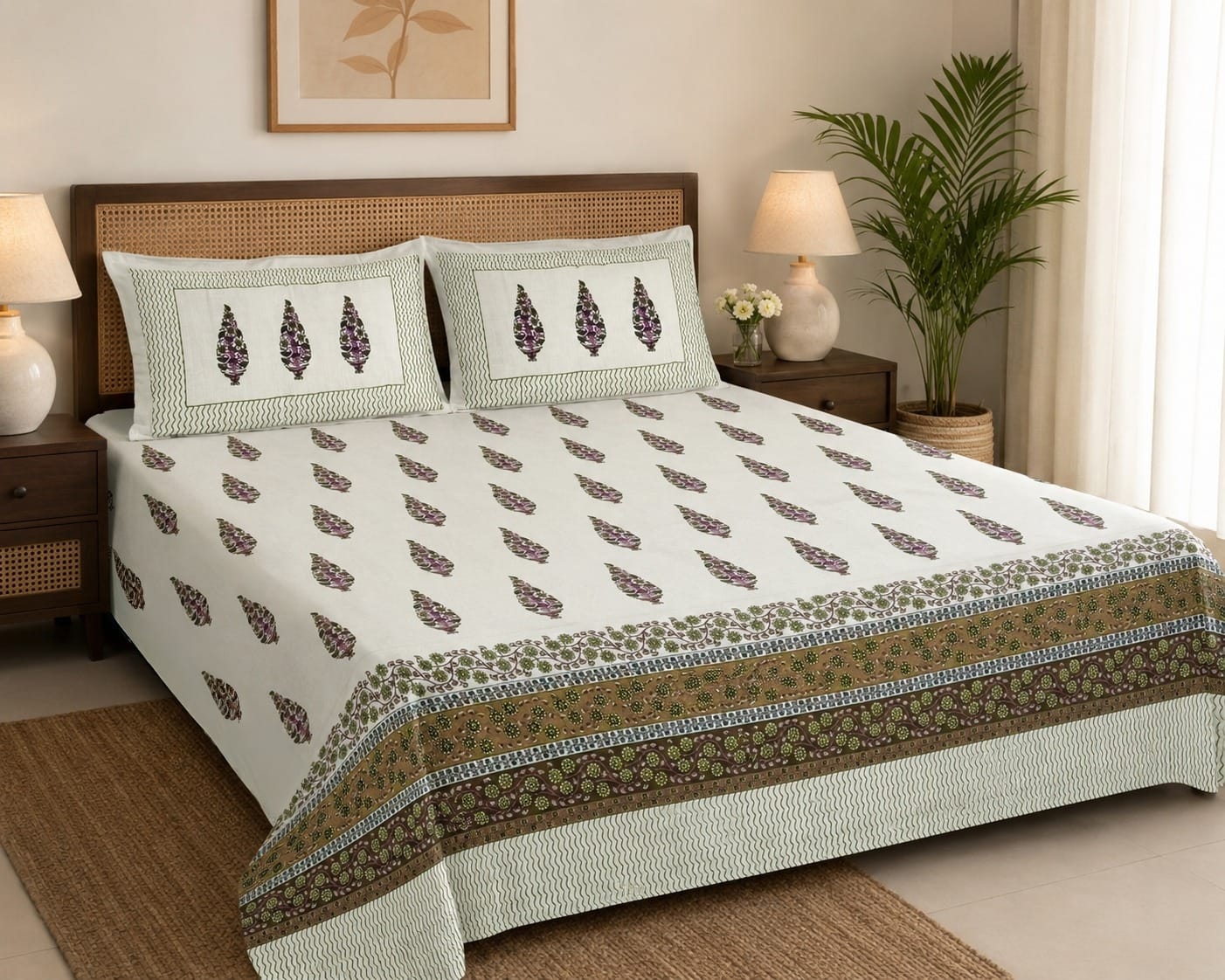 Hand Printed Bedsheet Super King Size Gift Box | 1 Super King Double Bedsheet with 2 Pillow Covers